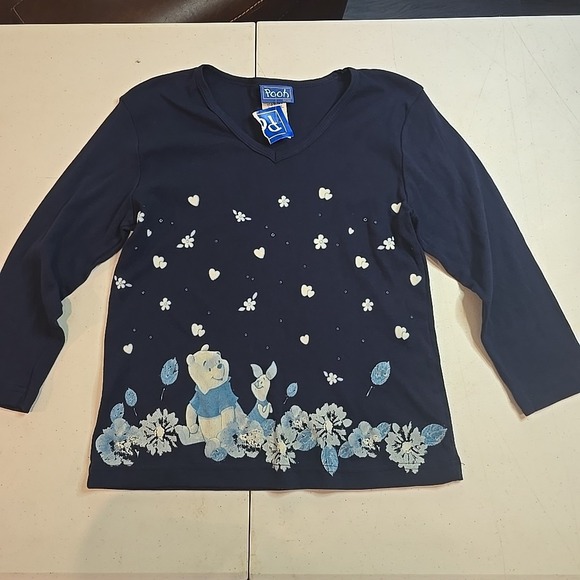 Disney Jerry Leigh Womens Large Winnie the Pooh Piglet Graphic Tee V-Neck Blue - Picture 1 of 11